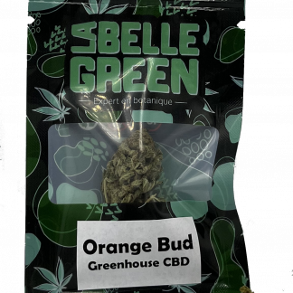 Sachet noir et vert de fleurs de cbd de la variété Orange Bud greenhouse en cbd