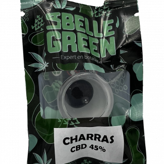 Sachet noir et vert de résine de cbd de la variété Charras en cbd