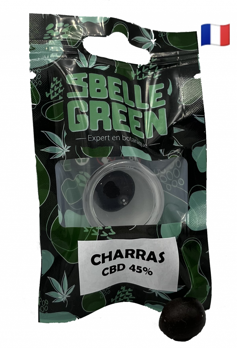 Sachet noir et vert de résine de cbd de la variété Charras en cbd