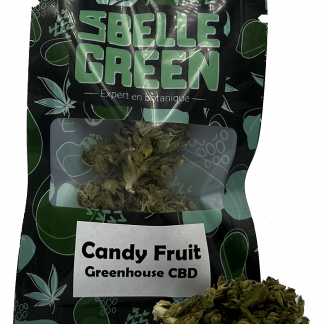 Sachet noir et vert de fleurs de cbd de la variété Candy Fruit greenhouse en cbd
