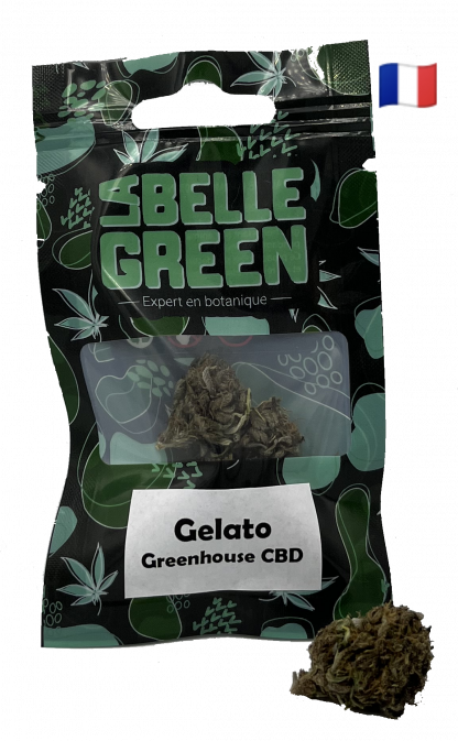 Sachet noir et vert de fleurs de cbd de la variété gelato greenhouse en cbd