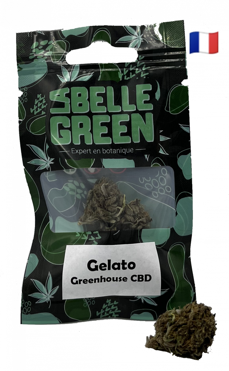 Sachet noir et vert de fleurs de cbd de la variété gelato greenhouse en cbd