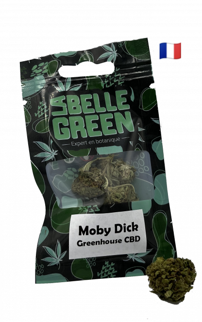 Sachet noir et vert de fleurs de cbd de la variété Moby Dick greenhouse en cbd